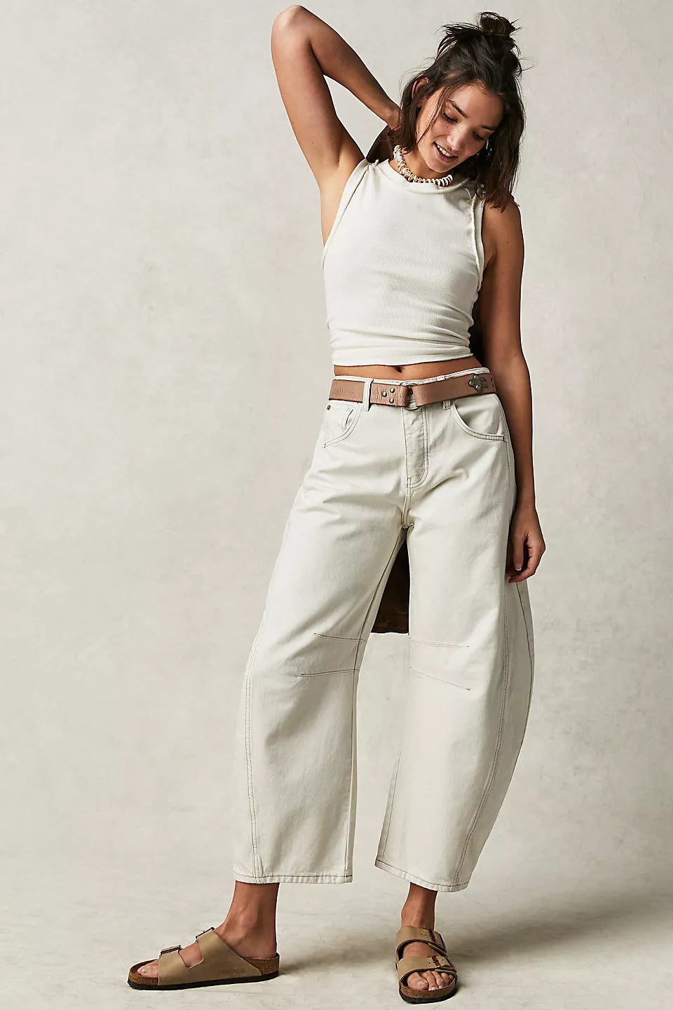 High-Stretch Mid-Rise Barrel Jeans – Women’s Casual Wide-Leg Denim