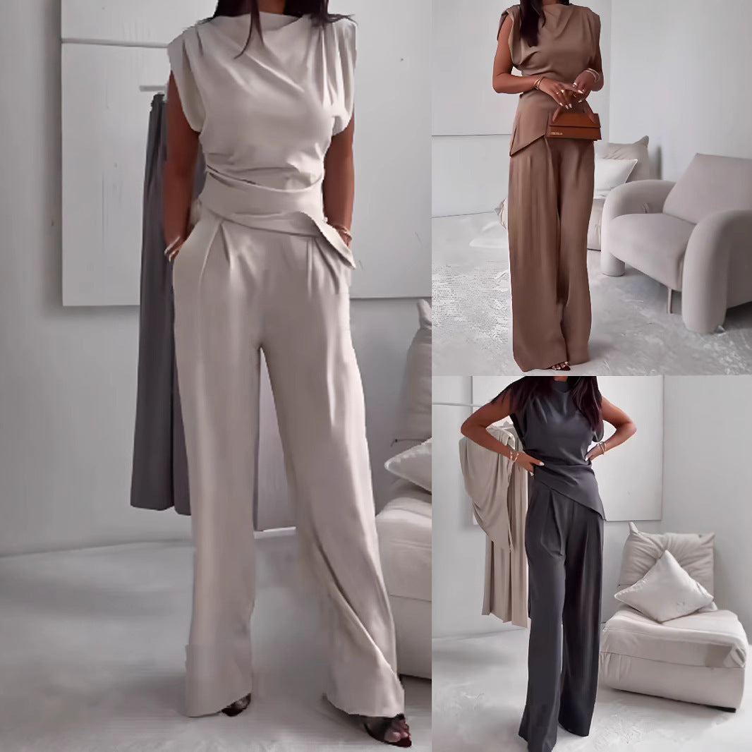 Women's Sleeveless Suit - Slim Irregular Split Top And Straight Pants