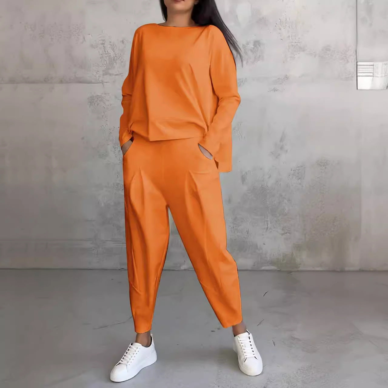 Women's Irregular Suit Long-sleeved Round Neck Top And Loose Harem Pants With Pockets Ins