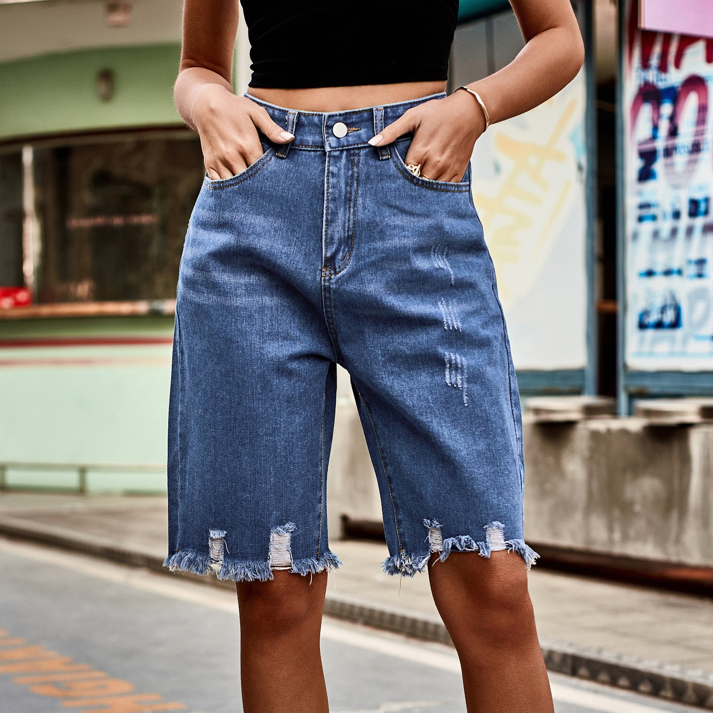 Denim ripped cropped pants, fashionable fringe jeans