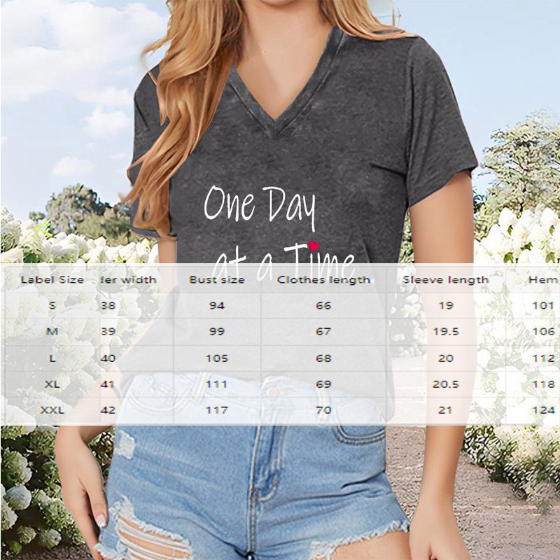 Women's 'One Day At A Time' V-Neck T-Shirt - Inspirational Short Sleeve Summer Top