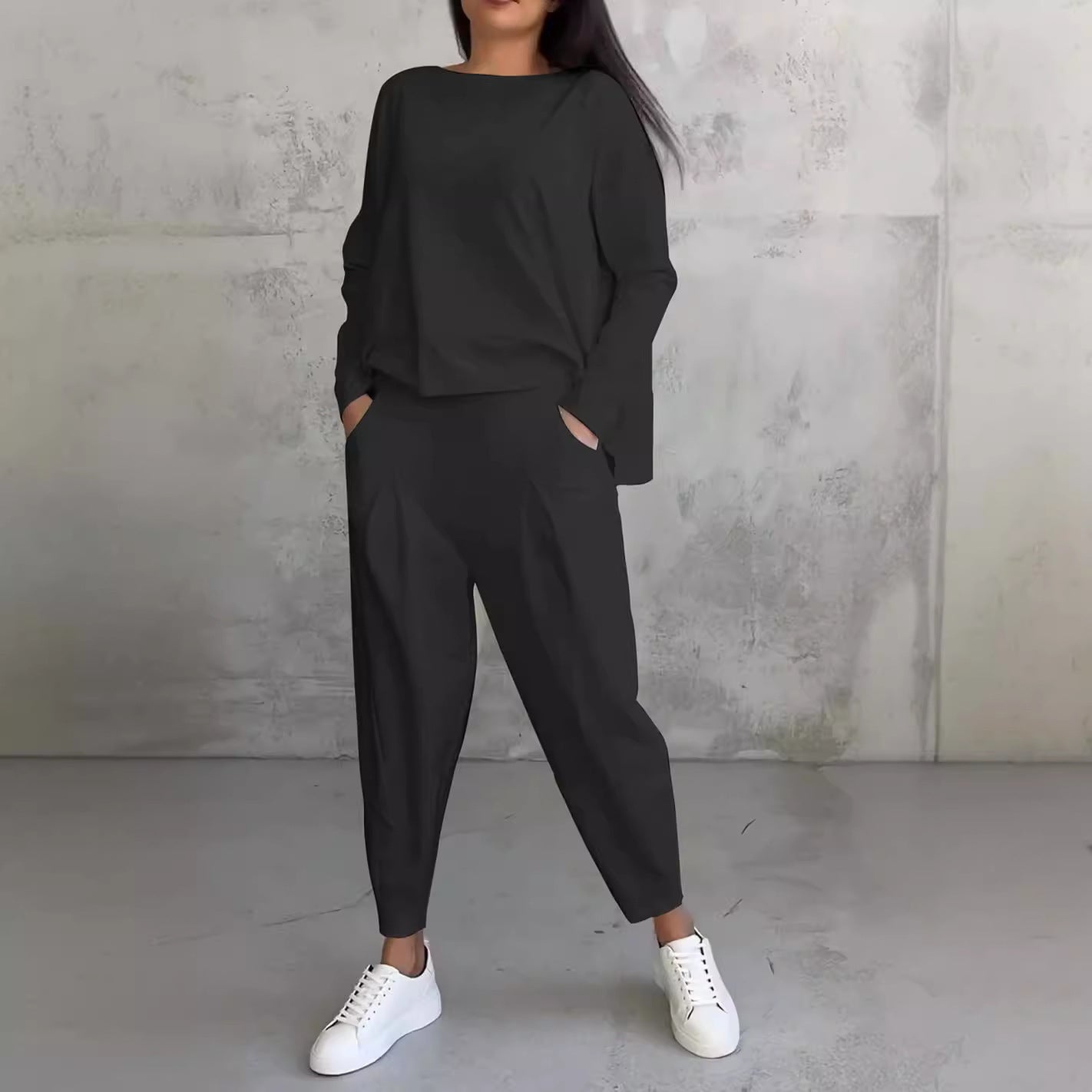 Women's Irregular Suit Long-sleeved Round Neck Top And Loose Harem Pants With Pockets Ins