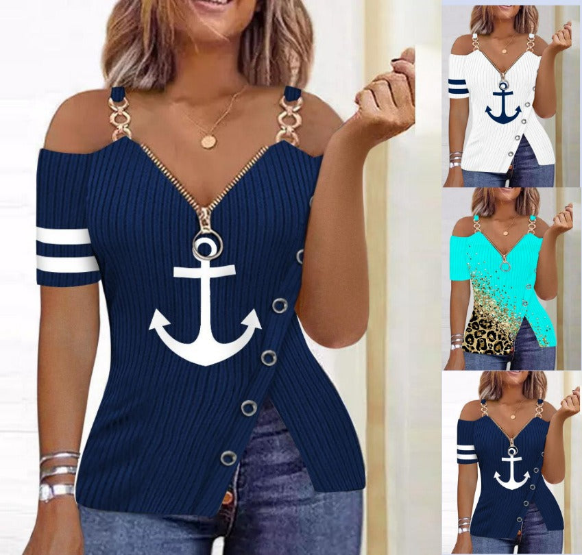 Summer Anchor Graphic Printed Zipper T-shirt
