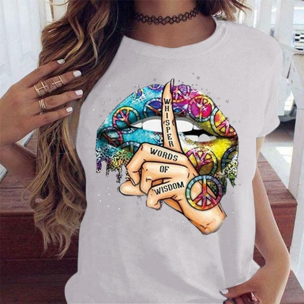 Lips Watercolor Graphic T Shirt lip Women Tops Shirt Base O-neck Sexy Black Tees Kiss lip Funny whisper words Girls Tshirt - Mammalook