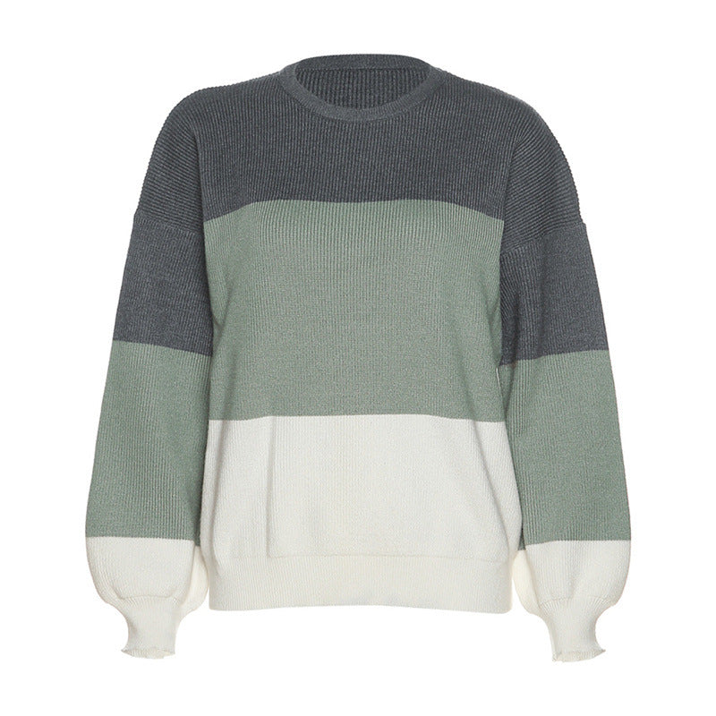 Autumn Women's New Fashion Color Contrast Splice Slim Round Neck Long Sleeve Slim Knitted Sweater - Mammalook