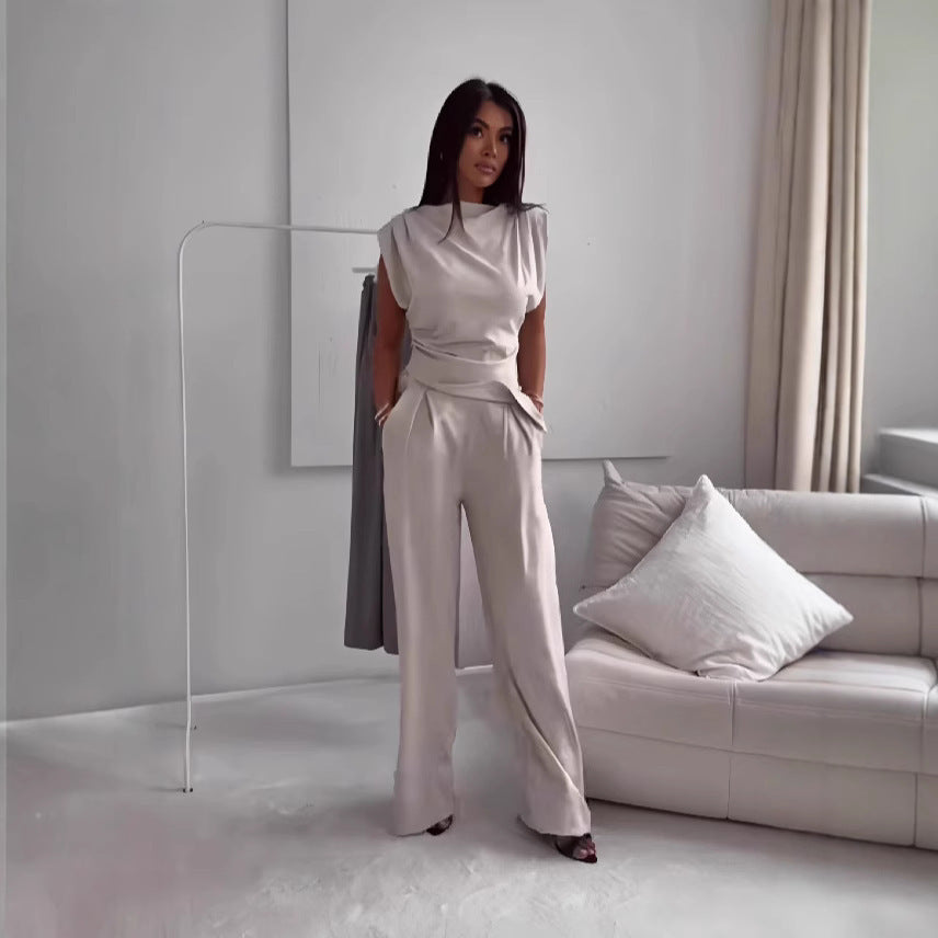 Women's Sleeveless Suit - Slim Irregular Split Top And Straight Pants