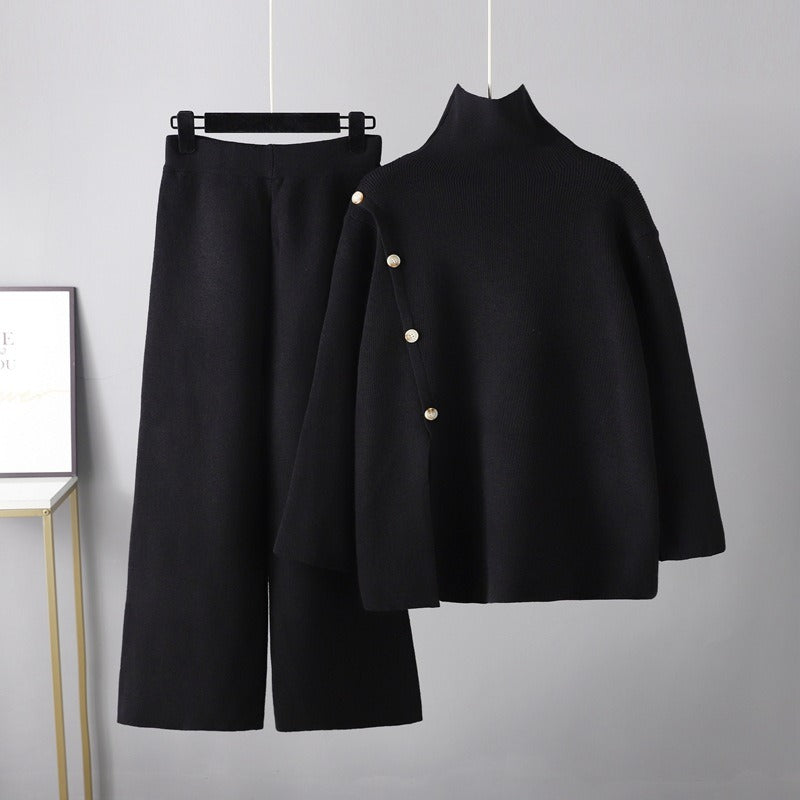 Design Sense Niche Stand-Up Collar Open Knitted Turtleneck Sweater Female Winter Warm Age Reduction Casual Wide-Legged Pants Two-Piece Set - Mammalook