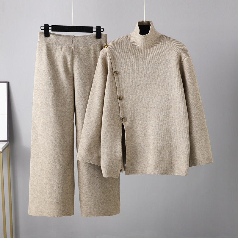 Design Sense Niche Stand-Up Collar Open Knitted Turtleneck Sweater Female Winter Warm Age Reduction Casual Wide-Legged Pants Two-Piece Set - Mammalook