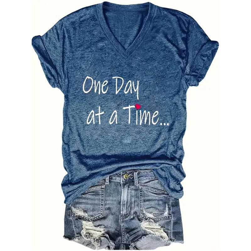 Women's 'One Day At A Time' V-Neck T-Shirt - Inspirational Short Sleeve Summer Top