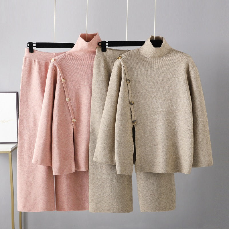 Design Sense Niche Stand-Up Collar Open Knitted Turtleneck Sweater Female Winter Warm Age Reduction Casual Wide-Legged Pants Two-Piece Set - Mammalook
