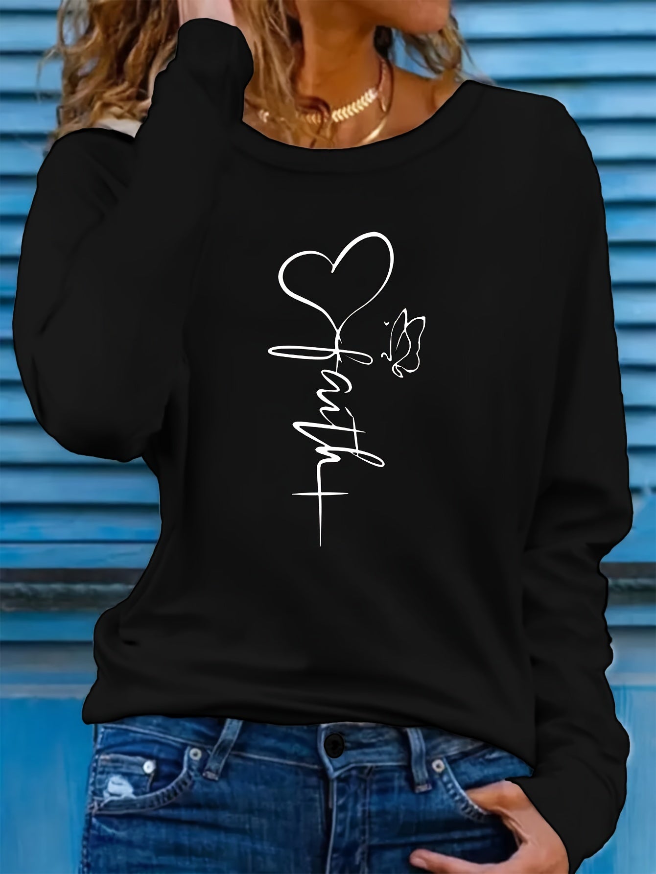 Butterfly & Heart Print Crew Neck T-Shirt, Casual Long Sleeve T-Shirt For Spring & Fall, Women's Clothing - Mammalook