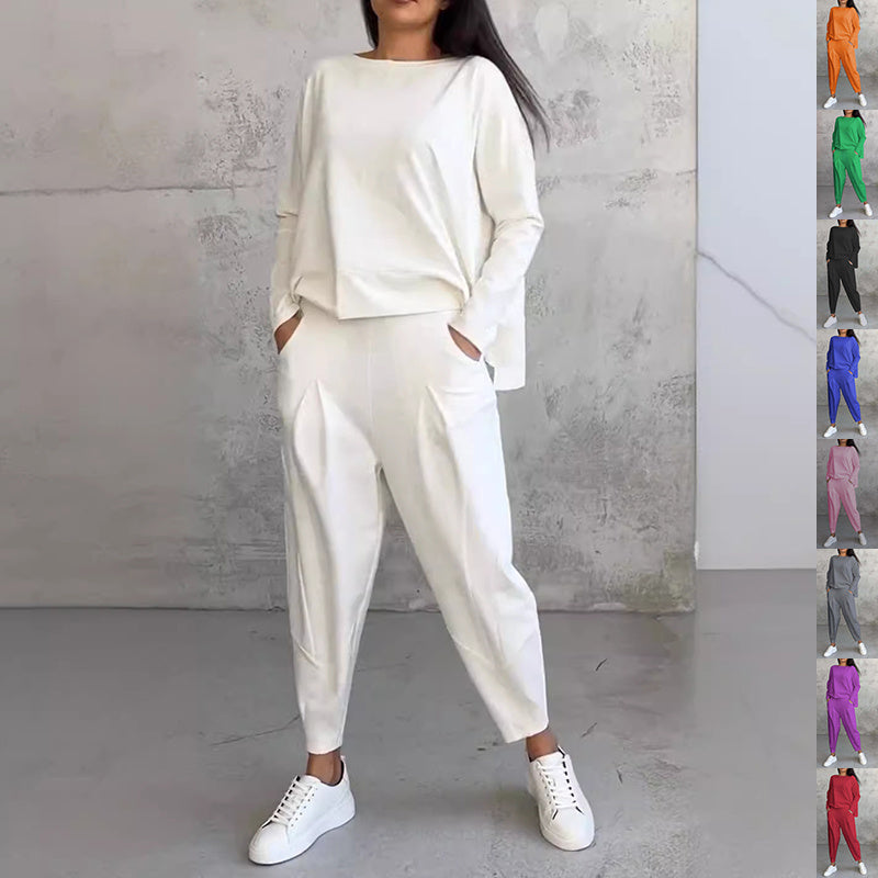 Women's Irregular Suit Long-sleeved Round Neck Top And Loose Harem Pants With Pockets Ins