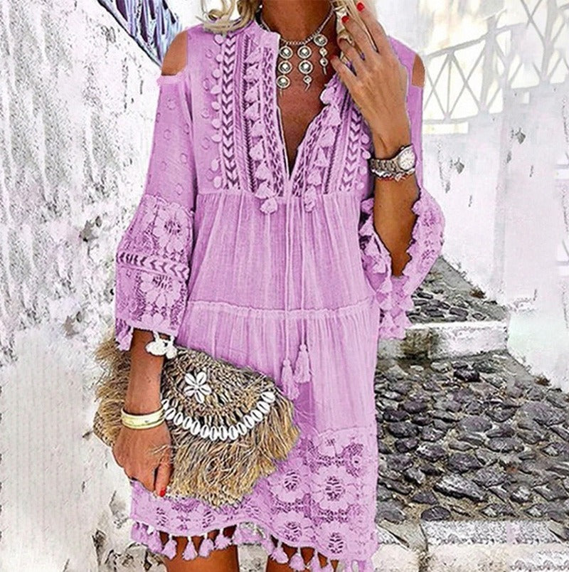 Boho Lace Tassel V-Neck Dress