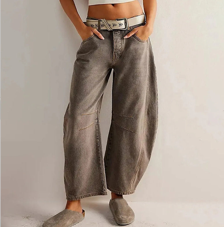 High-Stretch Mid-Rise Barrel Jeans – Women’s Casual Wide-Leg Denim