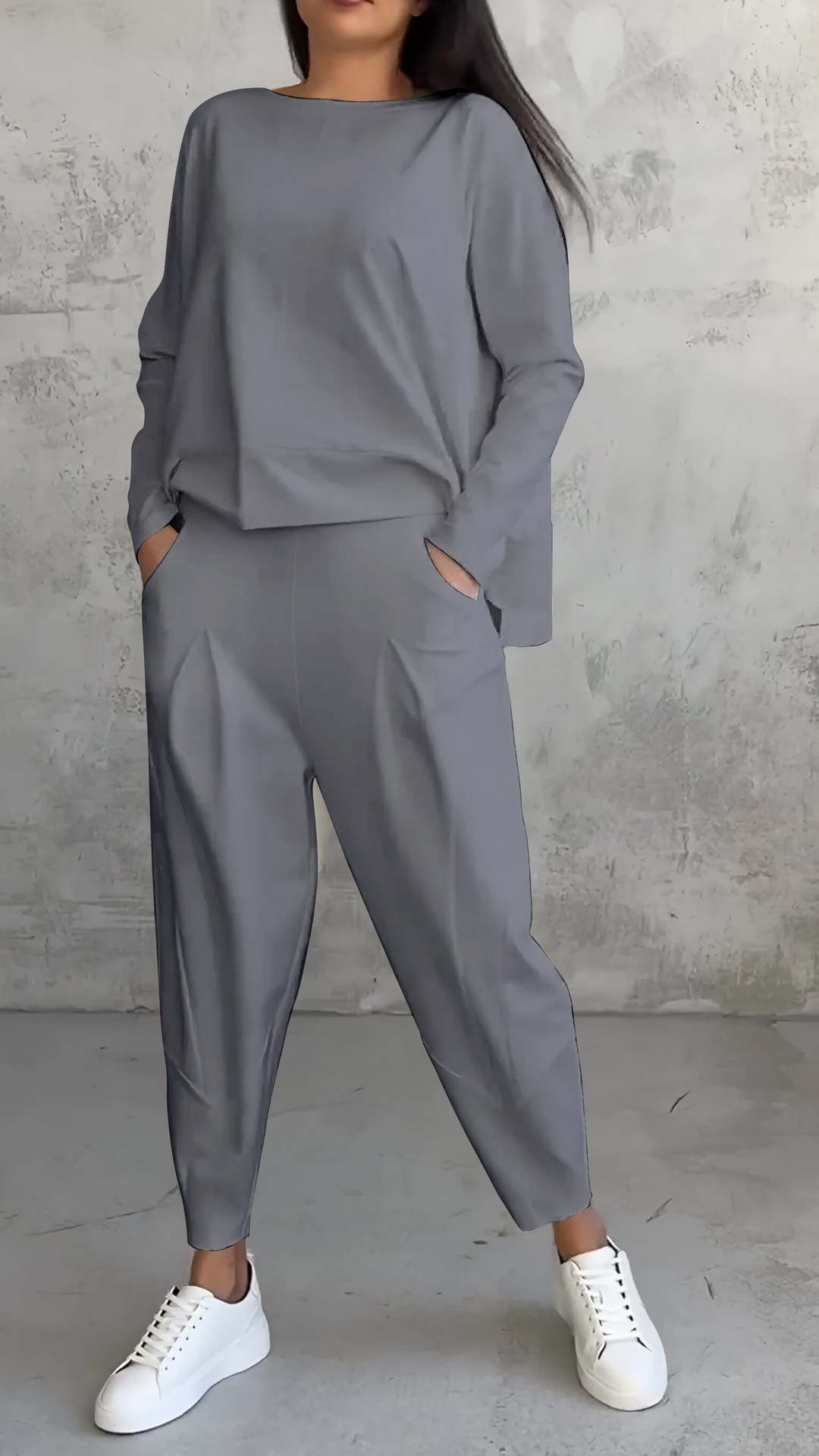 Women's Irregular Suit Long-sleeved Round Neck Top And Loose Harem Pants With Pockets Ins