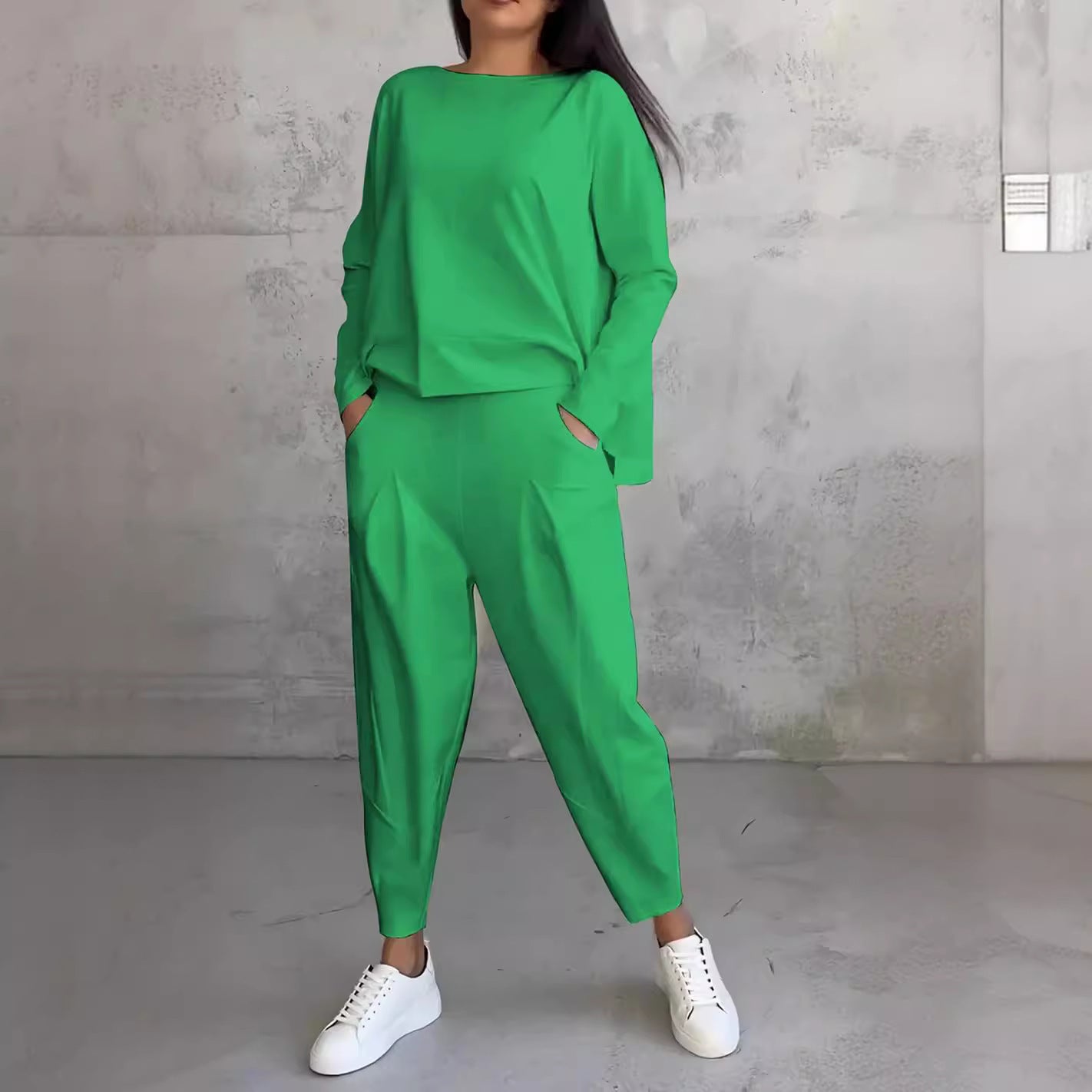 Women's Irregular Suit Long-sleeved Round Neck Top And Loose Harem Pants With Pockets Ins