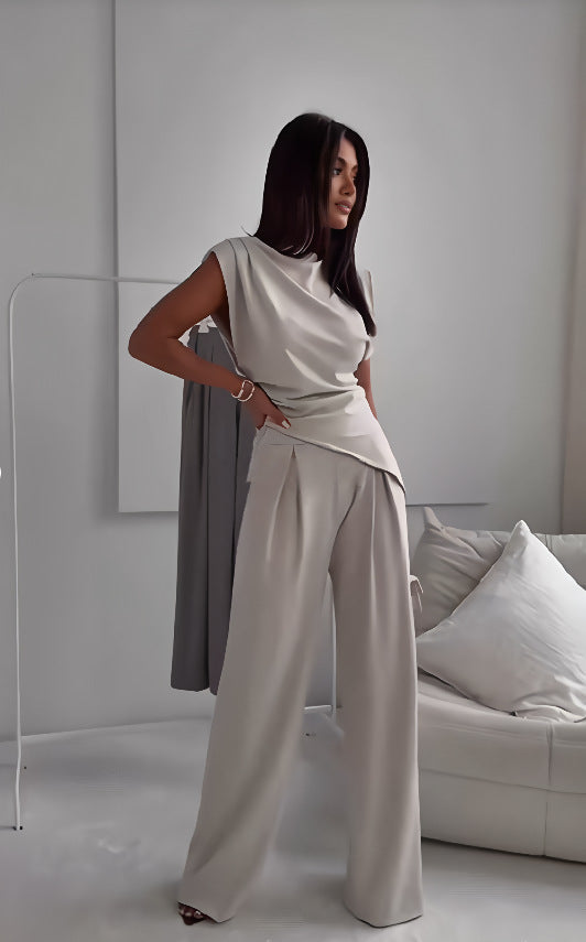 Women's Sleeveless Suit - Slim Irregular Split Top And Straight Pants