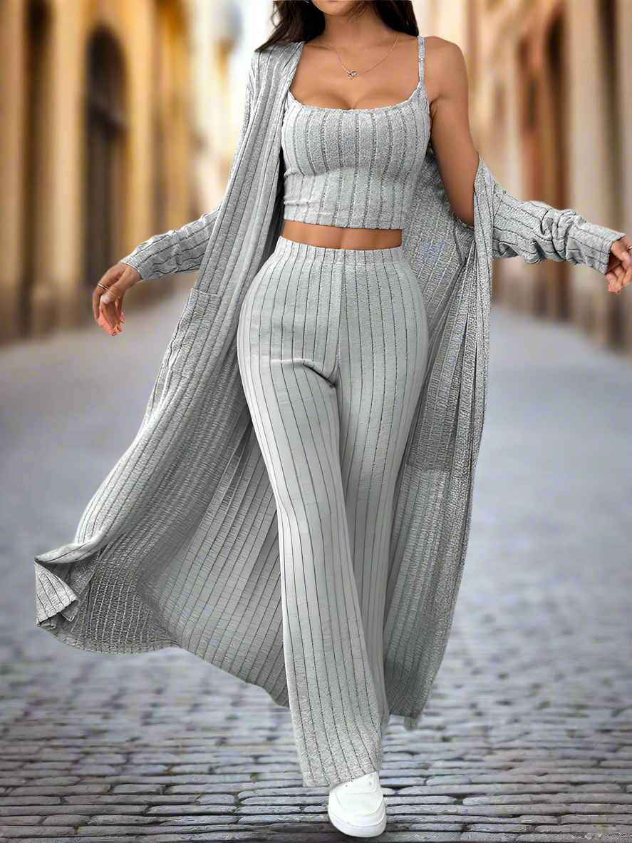 3-Piece Knit Lounge Set – High Waist Flare Pants, Crop Top & Duster Cardigan