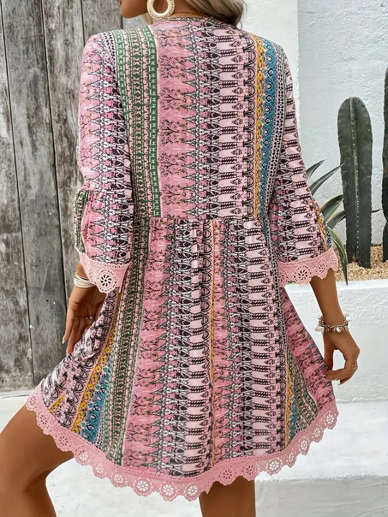 Bohemian Style V-neck Printed Dress Fashion Casual Loose Beach Dresses