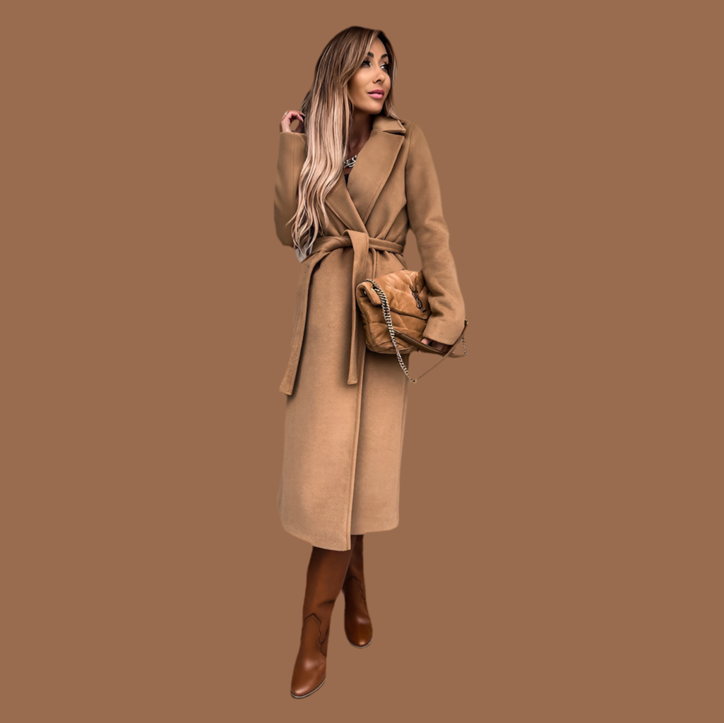 Women's Solid Color Lapel Long-Sleeved Woollen Jacket with Simple Strap Windbreaker