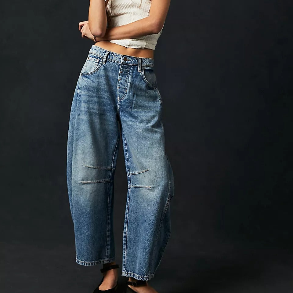 High-Stretch Mid-Rise Barrel Jeans – Women’s Casual Wide-Leg Denim
