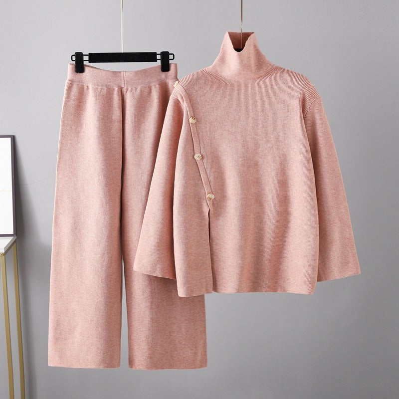 Design Sense Niche Stand-Up Collar Open Knitted Turtleneck Sweater Female Winter Warm Age Reduction Casual Wide-Legged Pants Two-Piece Set - Mammalook