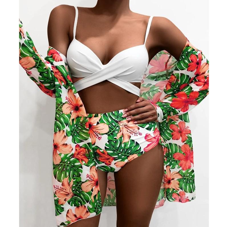 New Sexy Three Pieces Bikini Set Cover Up Swimwear Women Swimsuit Print Long Sleeve Bathing Suit Beachwear Swimming Biquini - Mammalook