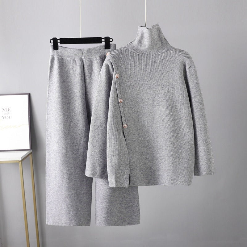 Design Sense Niche Stand-Up Collar Open Knitted Turtleneck Sweater Female Winter Warm Age Reduction Casual Wide-Legged Pants Two-Piece Set - Mammalook
