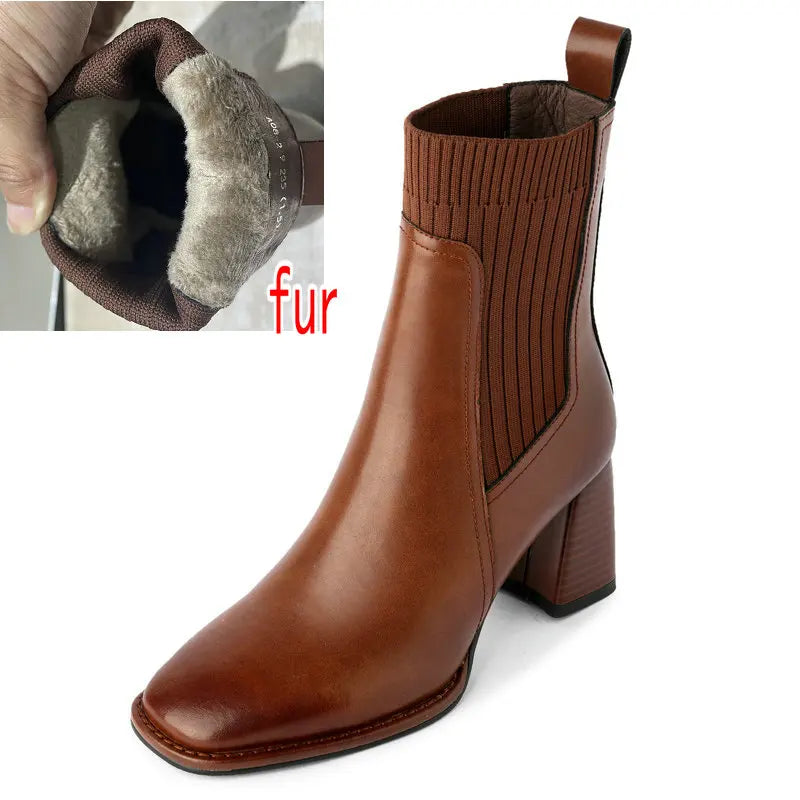 Women’s Genuine Leather Ankle Boots – Knitted High Heel Office Shoes