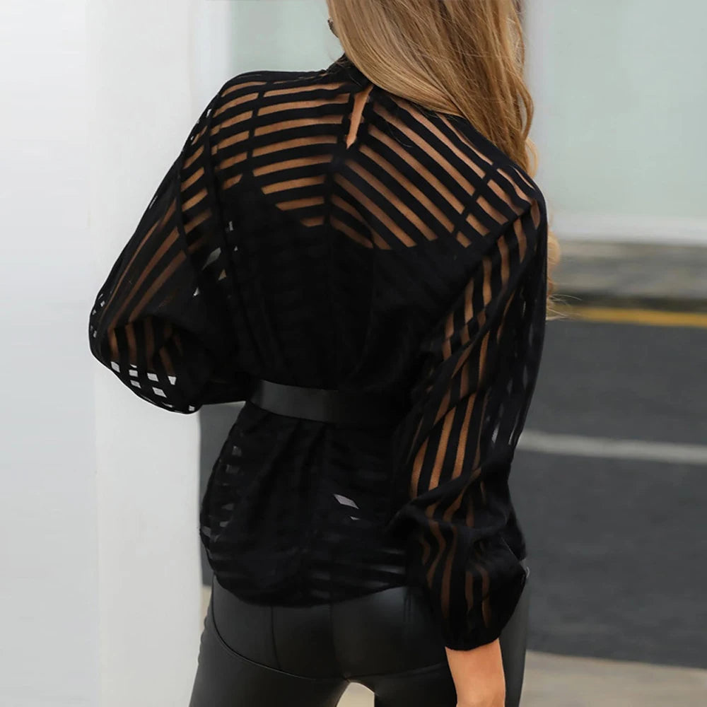 Sheer Mesh Long Sleeve Top – Black Hollow Front Blouse