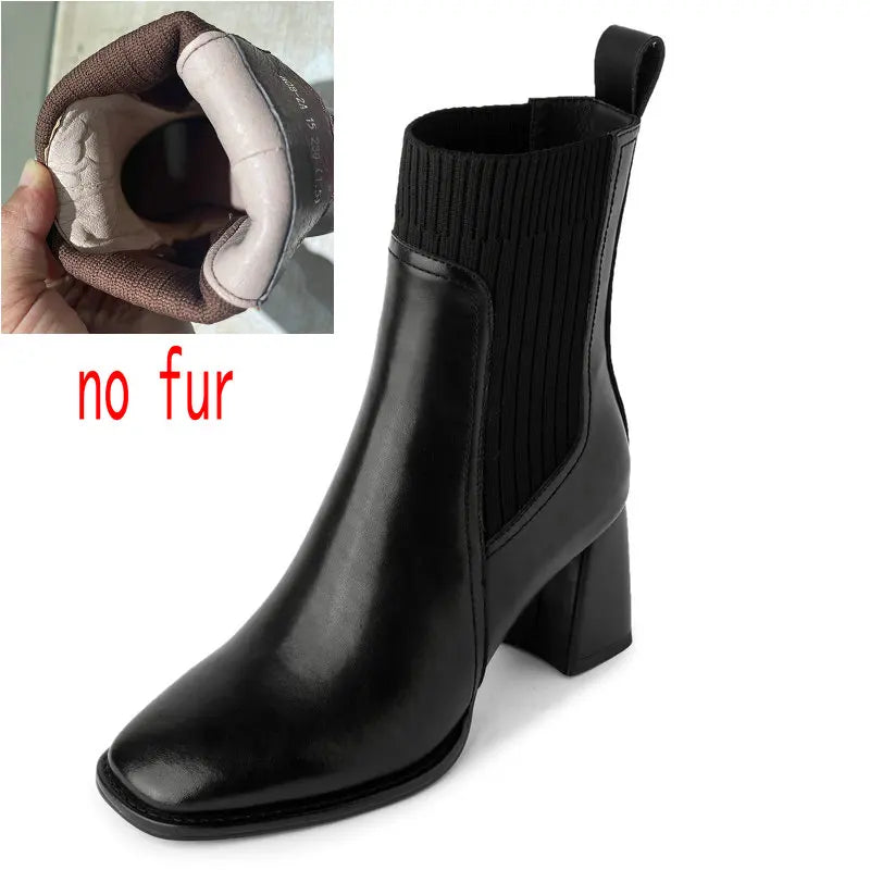 Women’s Genuine Leather Ankle Boots – Knitted High Heel Office Shoes