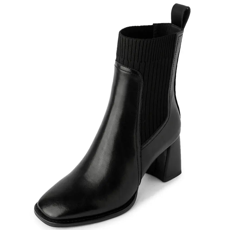 Women’s Genuine Leather Ankle Boots – Knitted High Heel Office Shoes