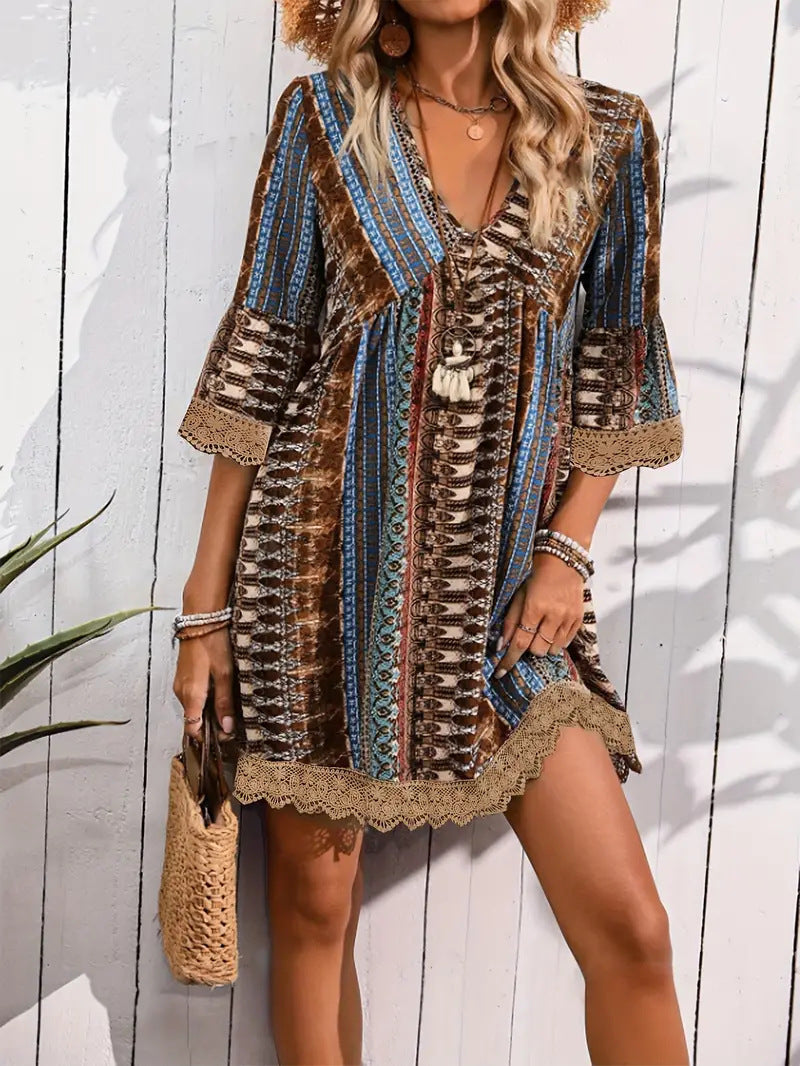 Bohemian Style V-neck Printed Dress Fashion Casual Loose Beach Dresses