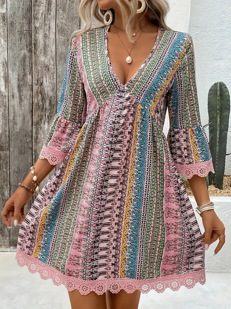 Bohemian Style V-neck Printed Dress Fashion Casual Loose Beach Dresses
