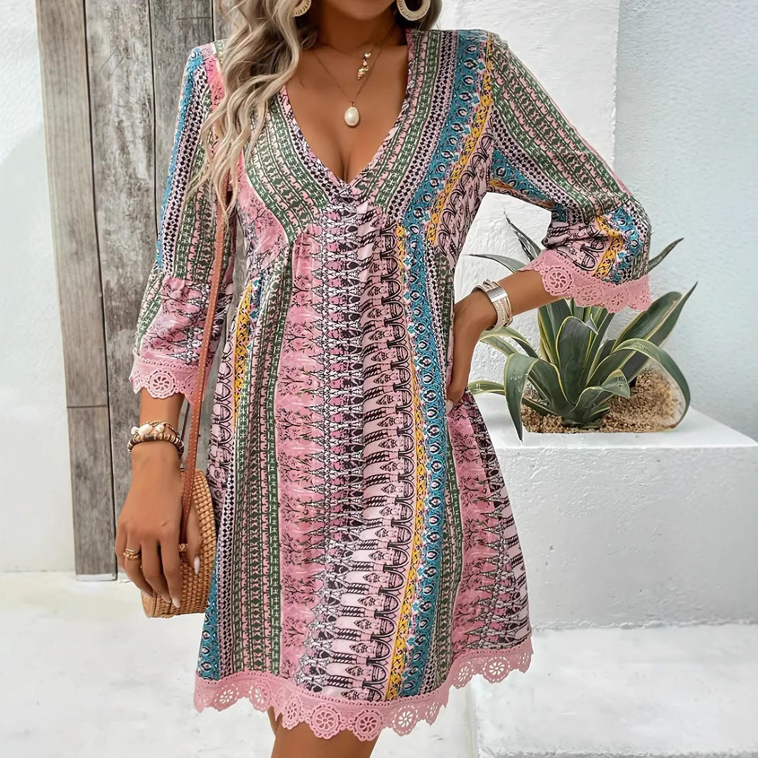 Bohemian Style V-neck Printed Dress Fashion Casual Loose Beach Dresses