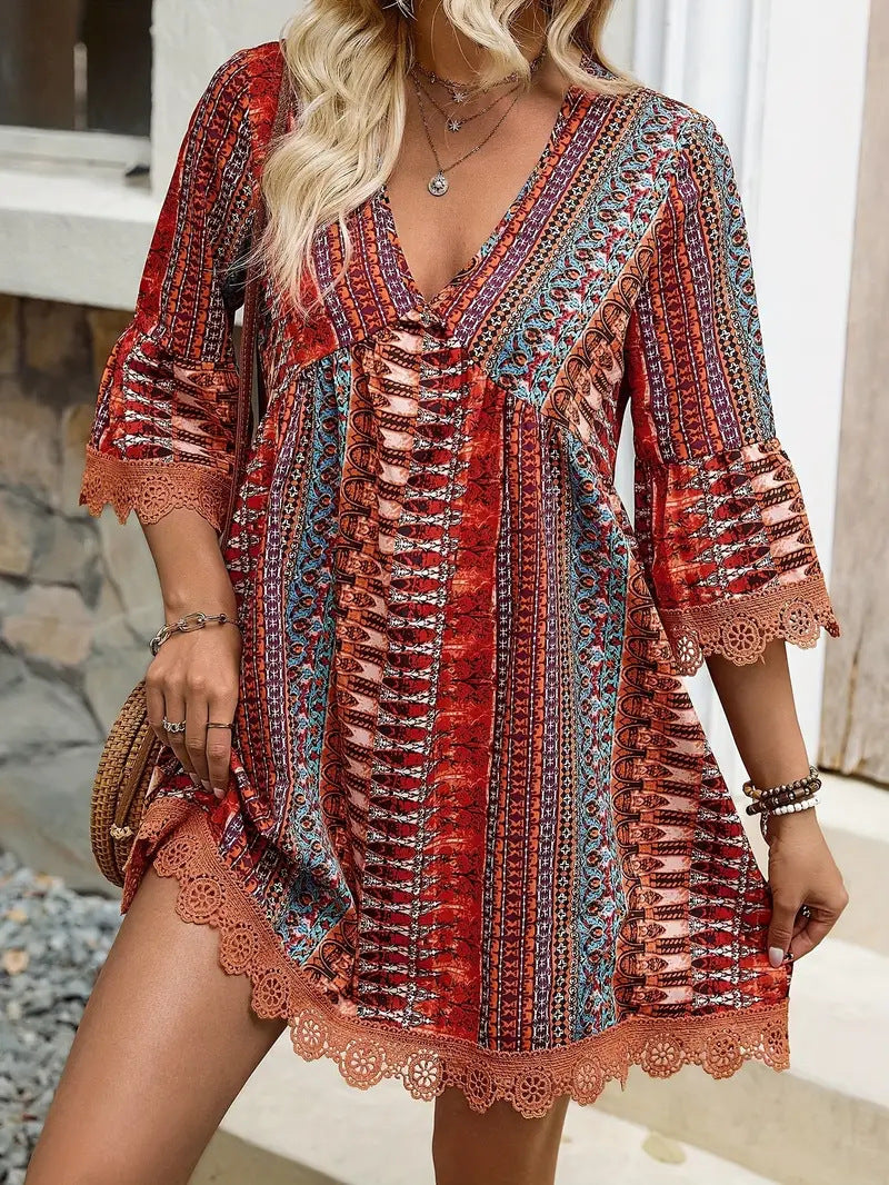 Bohemian Style V-neck Printed Dress Fashion Casual Loose Beach Dresses