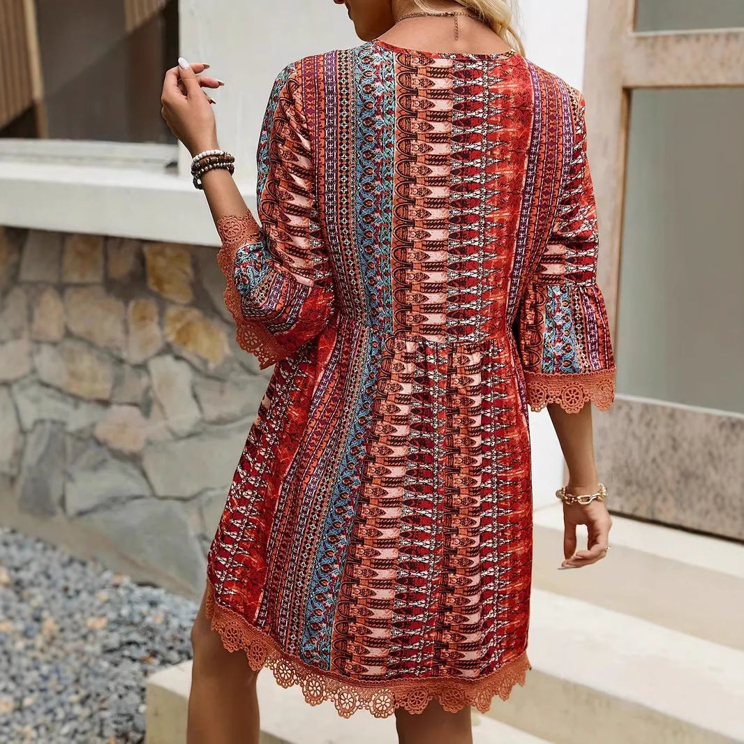 Bohemian Style V-neck Printed Dress Fashion Casual Loose Beach Dresses