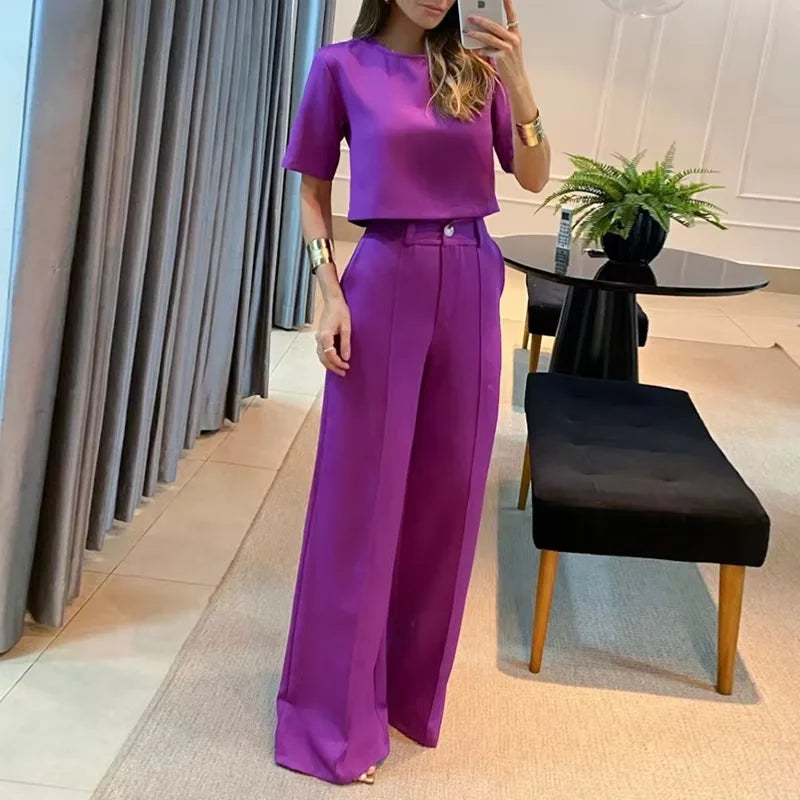 2-Piece Set: Wide-Leg Pants and Short-Sleeve Blouse