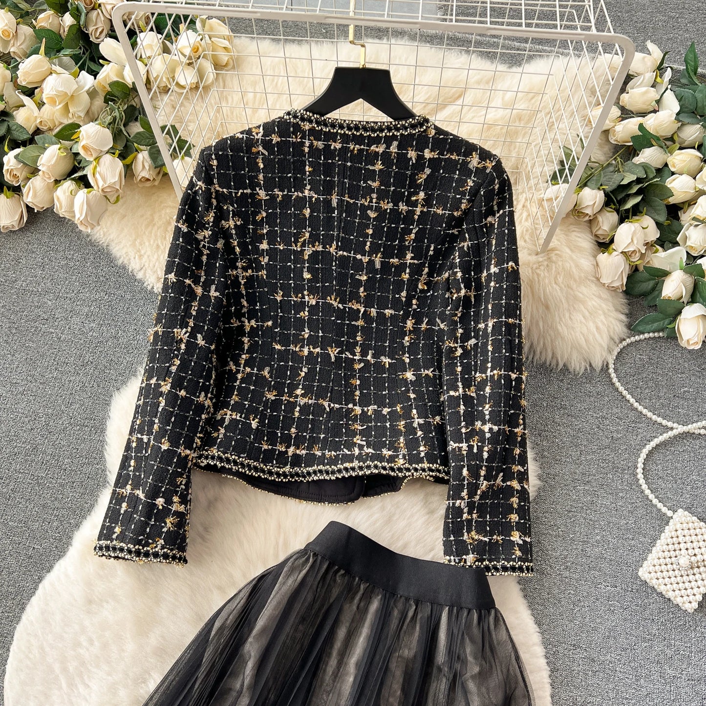 High Quality Plaid Suits Bow Chic Cardigan+Elastic Waist A Line Mesh Skirt