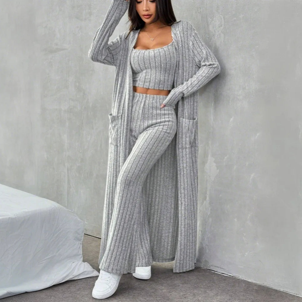 3-Piece Knit Lounge Set – High Waist Flare Pants, Crop Top & Duster Cardigan