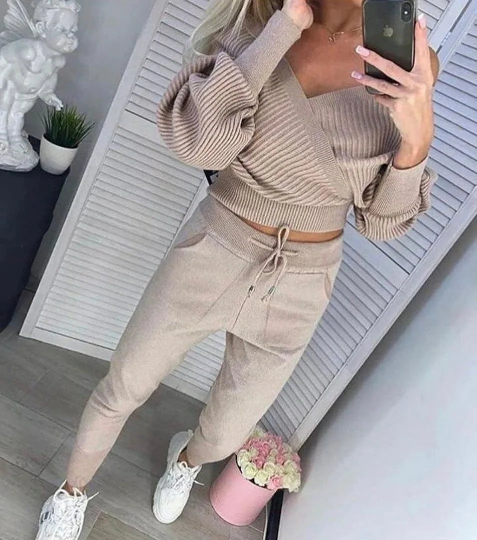 Sexy Off Shoulder Knitted Two Piece Set Women Long Sleeve Sport Tracksuit 2 Piece Sweater Pants Suits Matching Sets For Women