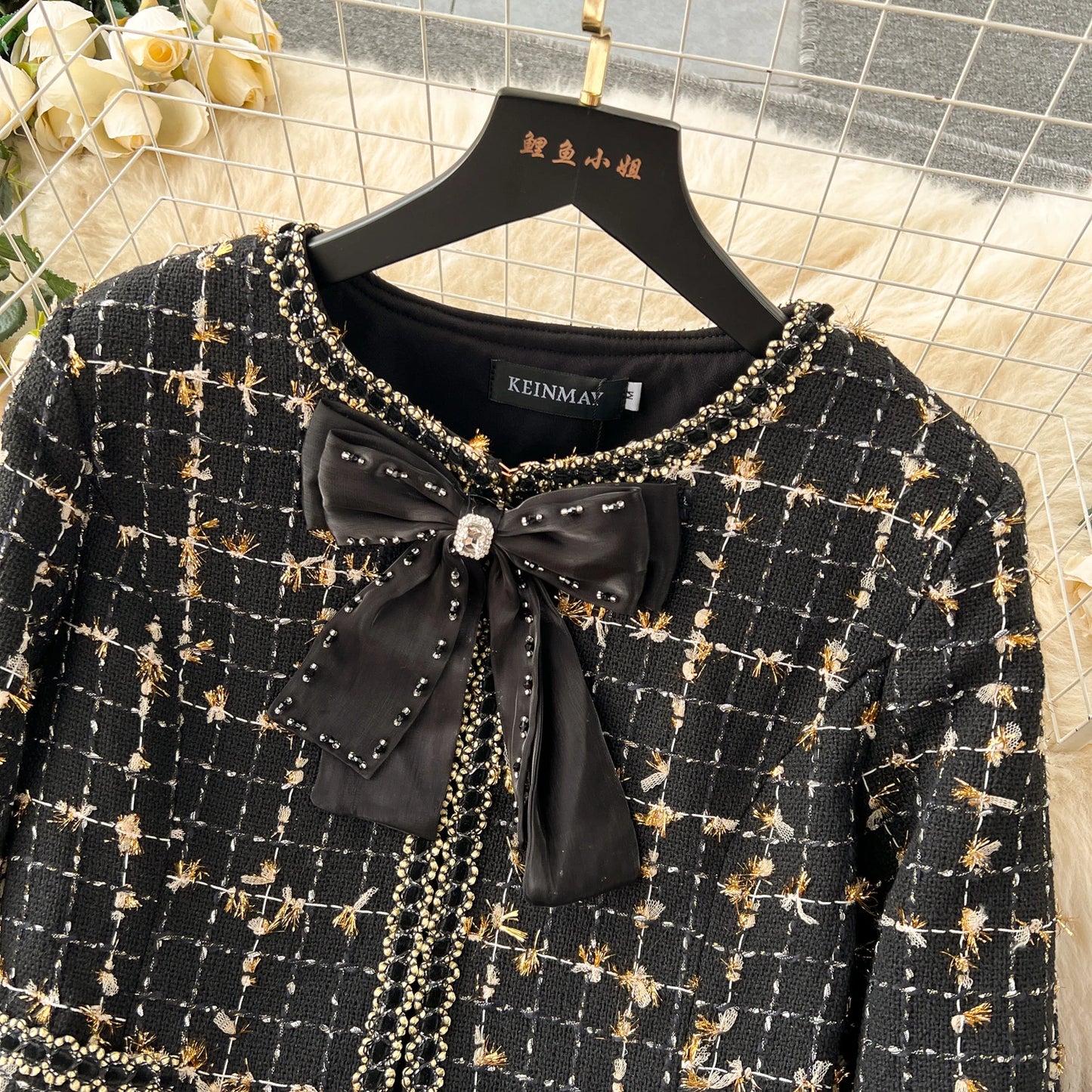 High Quality Plaid Suits Bow Chic Cardigan+Elastic Waist A Line Mesh Skirt