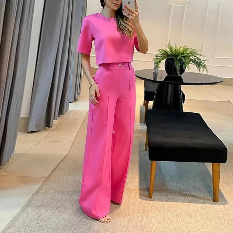2-Piece Set: Wide-Leg Pants and Short-Sleeve Blouse