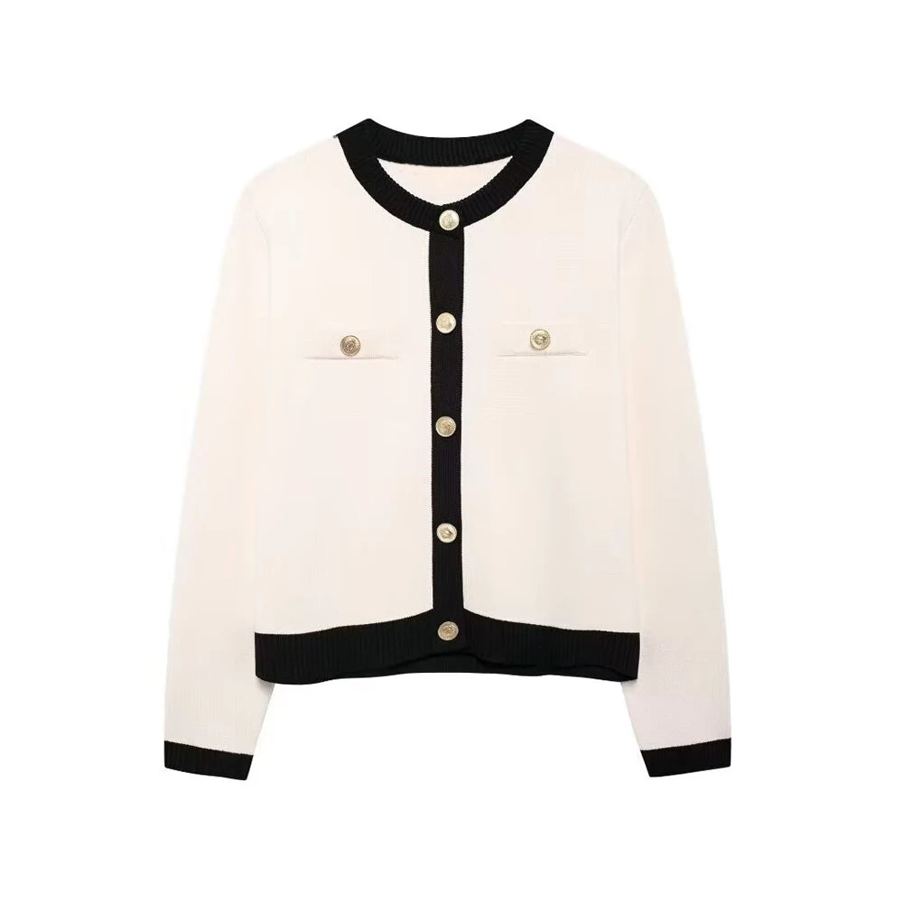 Knitted Cardigan with Golden Button, O-Neck Long-Sleeve