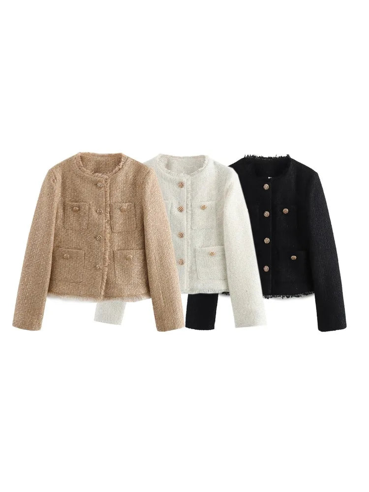 Women’s Chic Tweed Jacket – Long Sleeve Wool-Blend Buttoned Coat