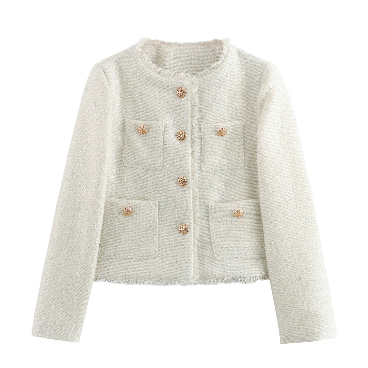 Women’s Chic Tweed Jacket – Long Sleeve Wool-Blend Buttoned Coat