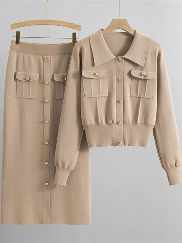 2-Piece Knit Set: Lapel Cropped Knitwear Pullover Top with Wrap-Style Ankle-Length Skirt Tracksuit