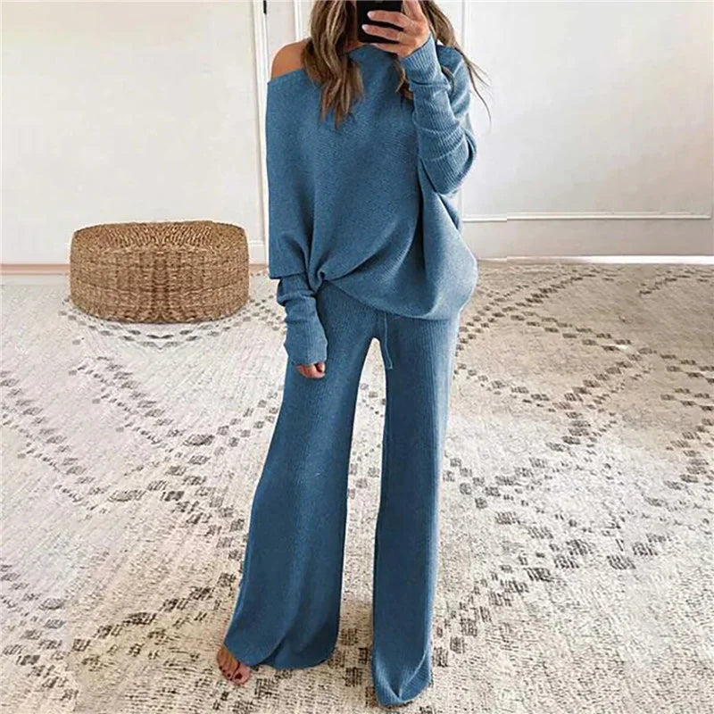 Pant Suits - Women Outfits Knitted Pullover off shoulder
