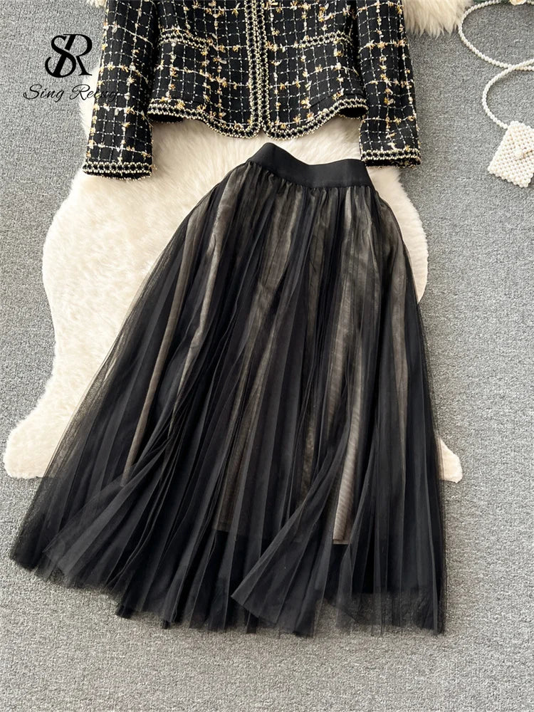 High Quality Plaid Suits Bow Chic Cardigan+Elastic Waist A Line Mesh Skirt