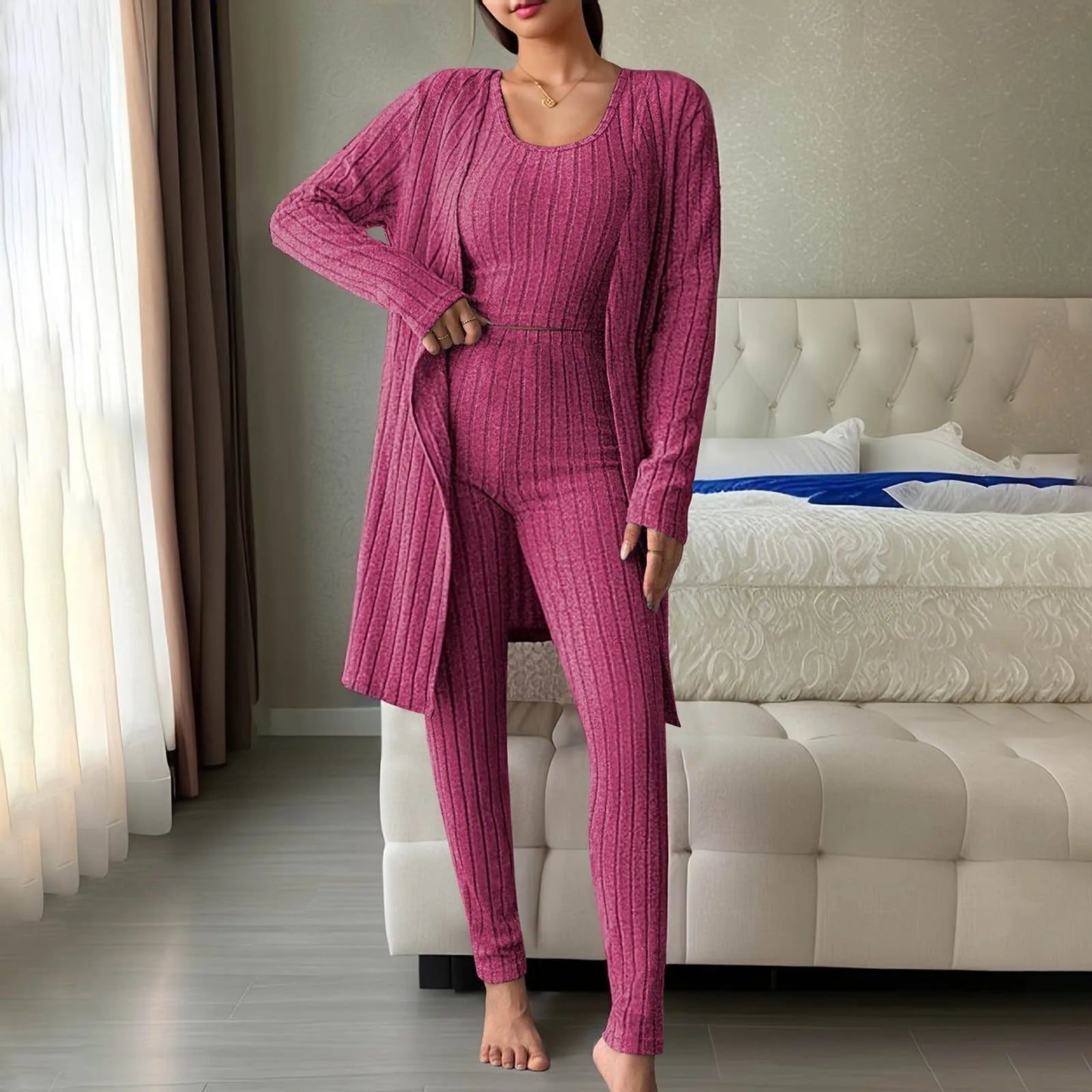 3-Piece Ribbed Knit Pajama Set